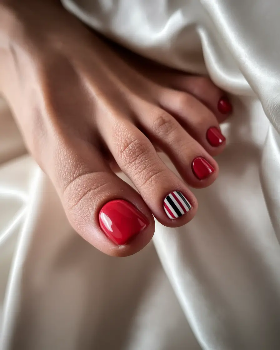 Stylish Fall Toe Nail Colors 2025 Striped Candy Red