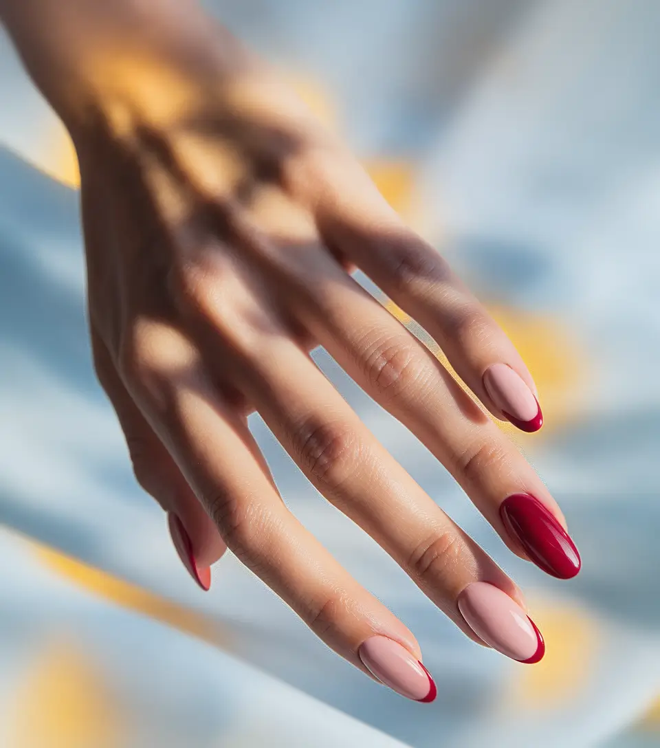 Stylish Minimalist Fall Nails Designs 2025 Soft Nude Base with Scarlet Tips