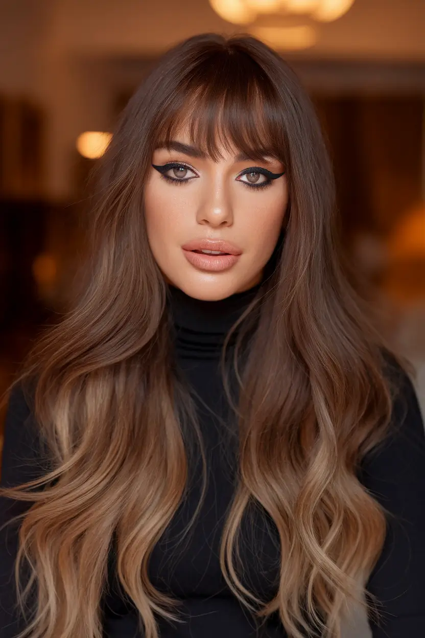 Top Fall Hair Colors Ideas 2025 on Warm Skin Hazelnut Brunette with Bangs