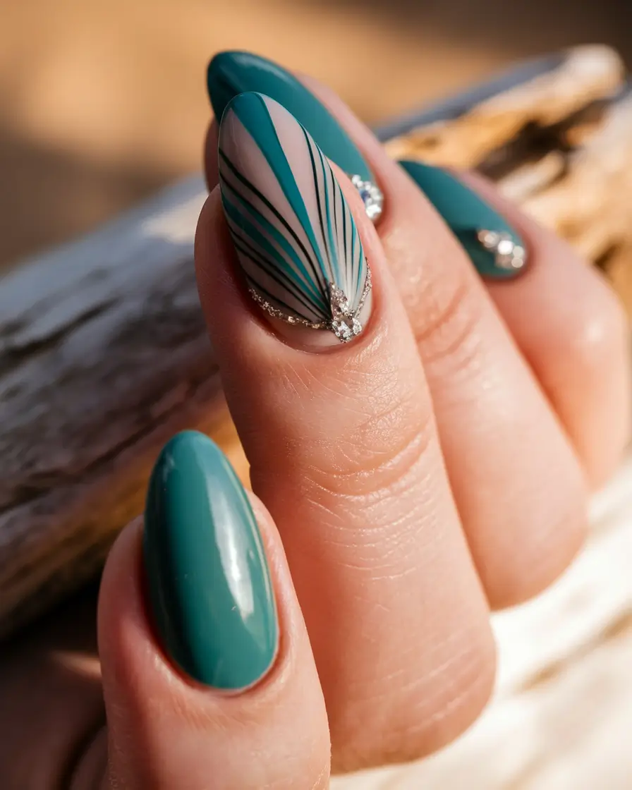 Trendy 3D Fall Nails 2025 Emerald Elegance with Crystal Detailing