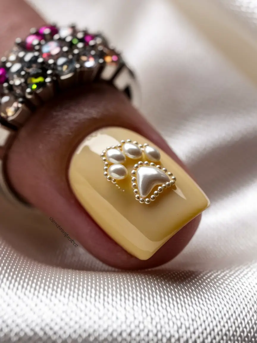 Trendy 3D Fall Nails 2025 Playful Yellow with Pearl Paw Print
