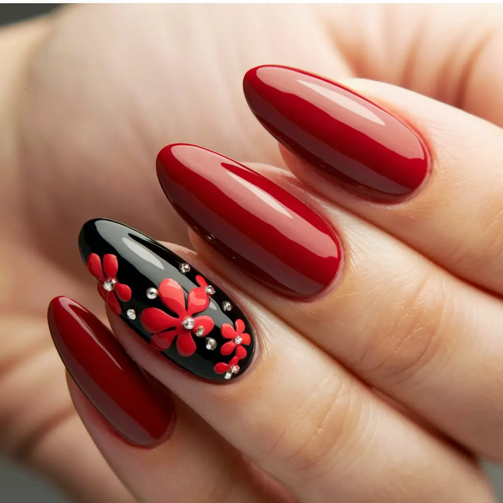 Trendy 3D Fall Nails 2025 Classic Red with 3D Floral Accents