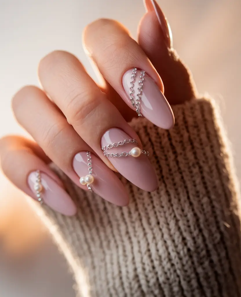 Trendy 3D Fall Nails 2025 Soft Nude with Chains and Pearls