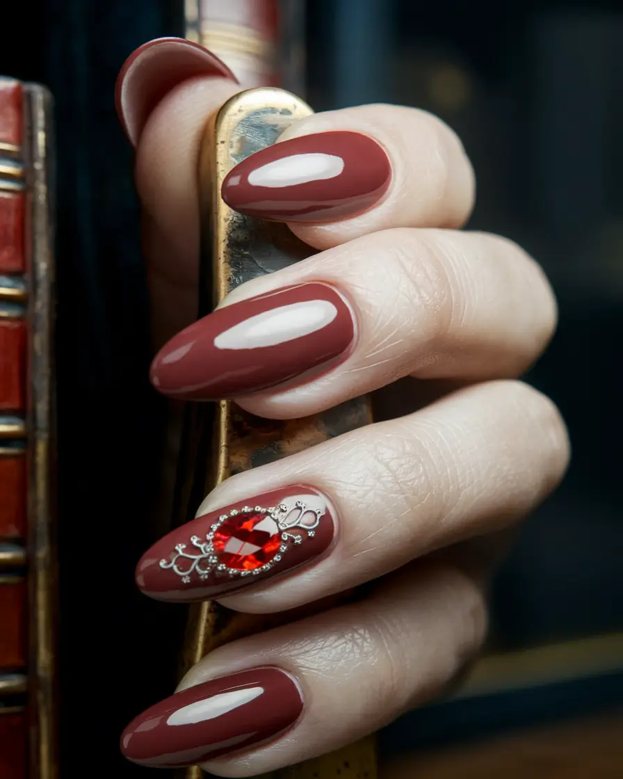 Trendy 3D Fall Nails 2025 Wine Nails with Ruby Accent Gem