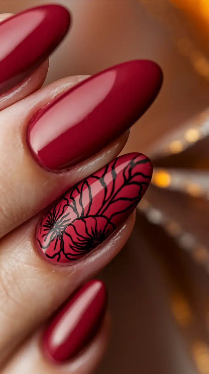 Trendy 3D Fall Nails 2025 Deep Burgundy with Subtle Floral Linework