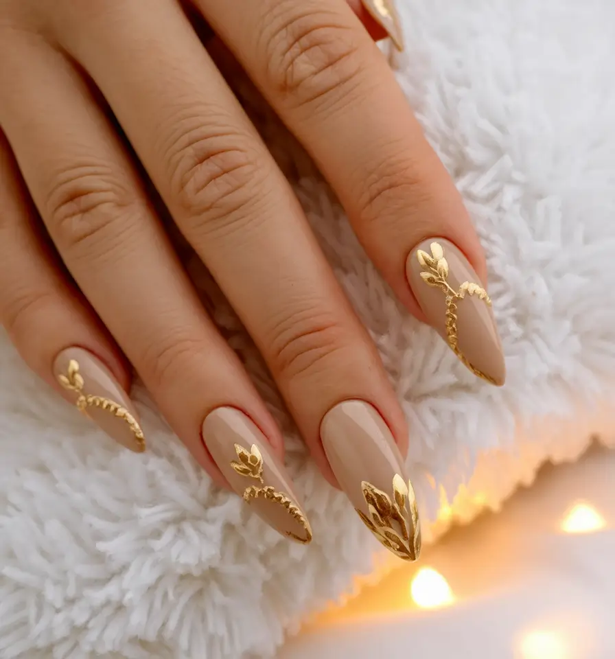 Trendy 3D Fall Nails 2025 Golden Leaf Accents on Beige Base