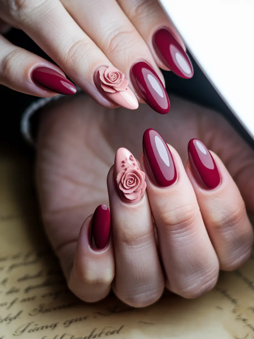 Trendy 3D Fall Nails 2025 Romantic Burgundy with 3D Roses