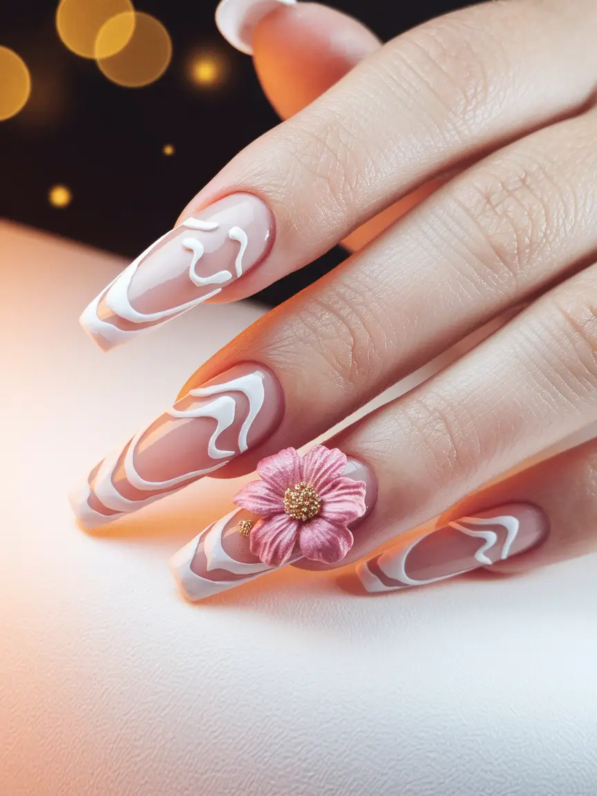 Trendy 3D Fall Nails 2025 Swirling French with 3D Blossom