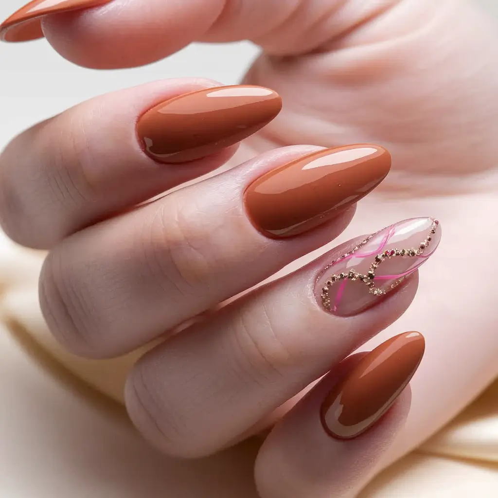 Trendy 3D Fall Nails 2025 Warm Caramel with Abstract 3D Accent