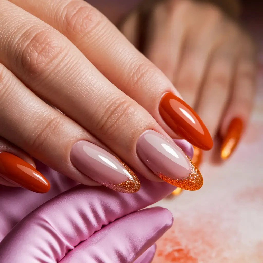 Trendy 3D Fall Nails 2025 Orange Sparkle Ombre