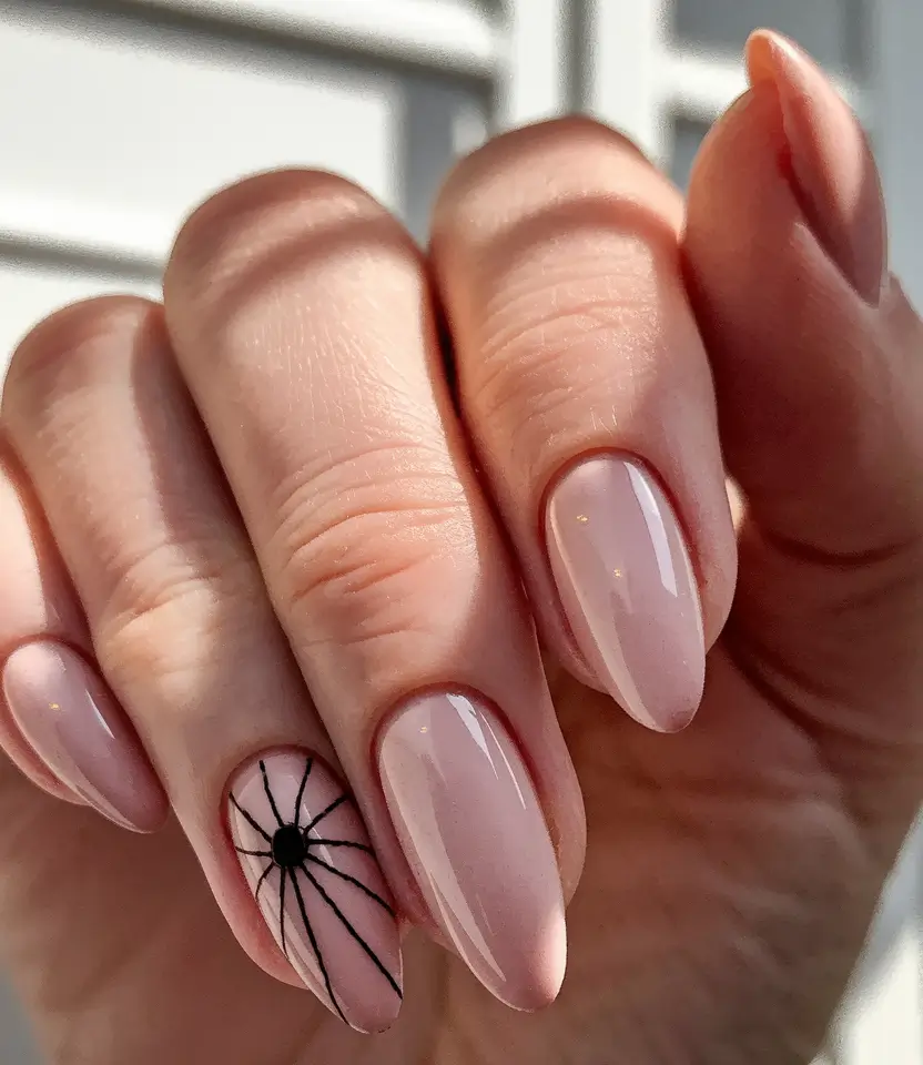 Trendy 3D Fall Nails 2025 Minimal Nude with Spider Web Accent