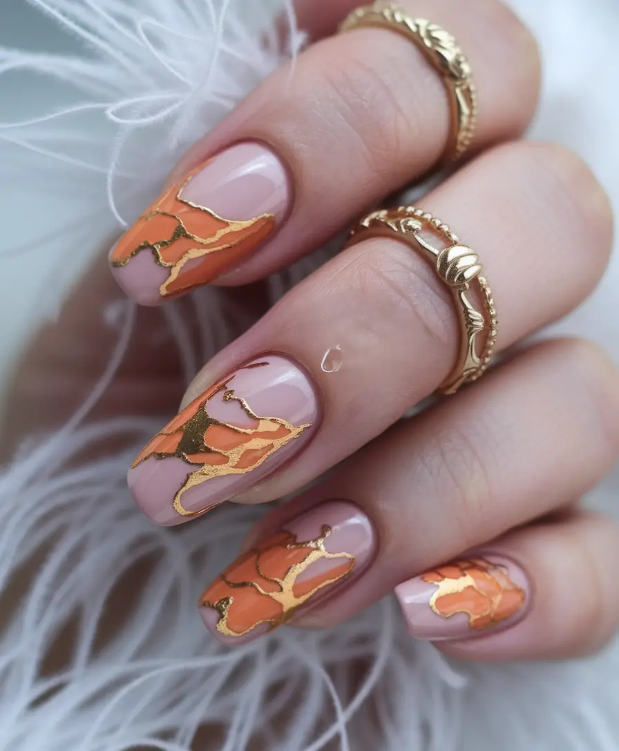 Trendy 3D Fall Nails 2025 Golden Marbled Accents