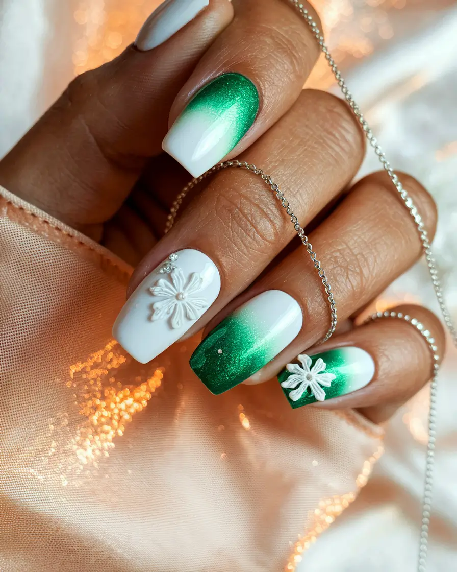 Trendy 3D Fall Nails 2025 Green and White Floral Blend
