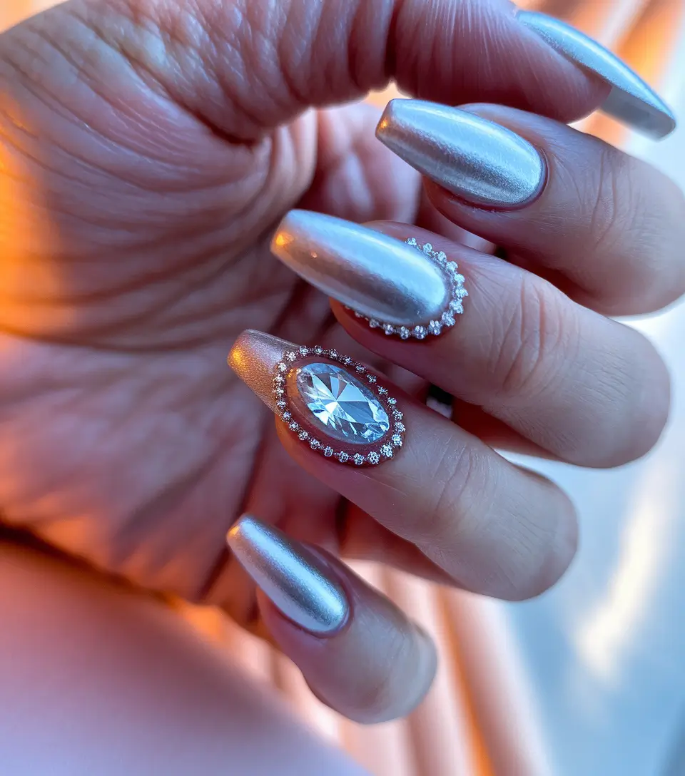 Trendy 3D Fall Nails 2025 Silver Glamour with Oversized Gems