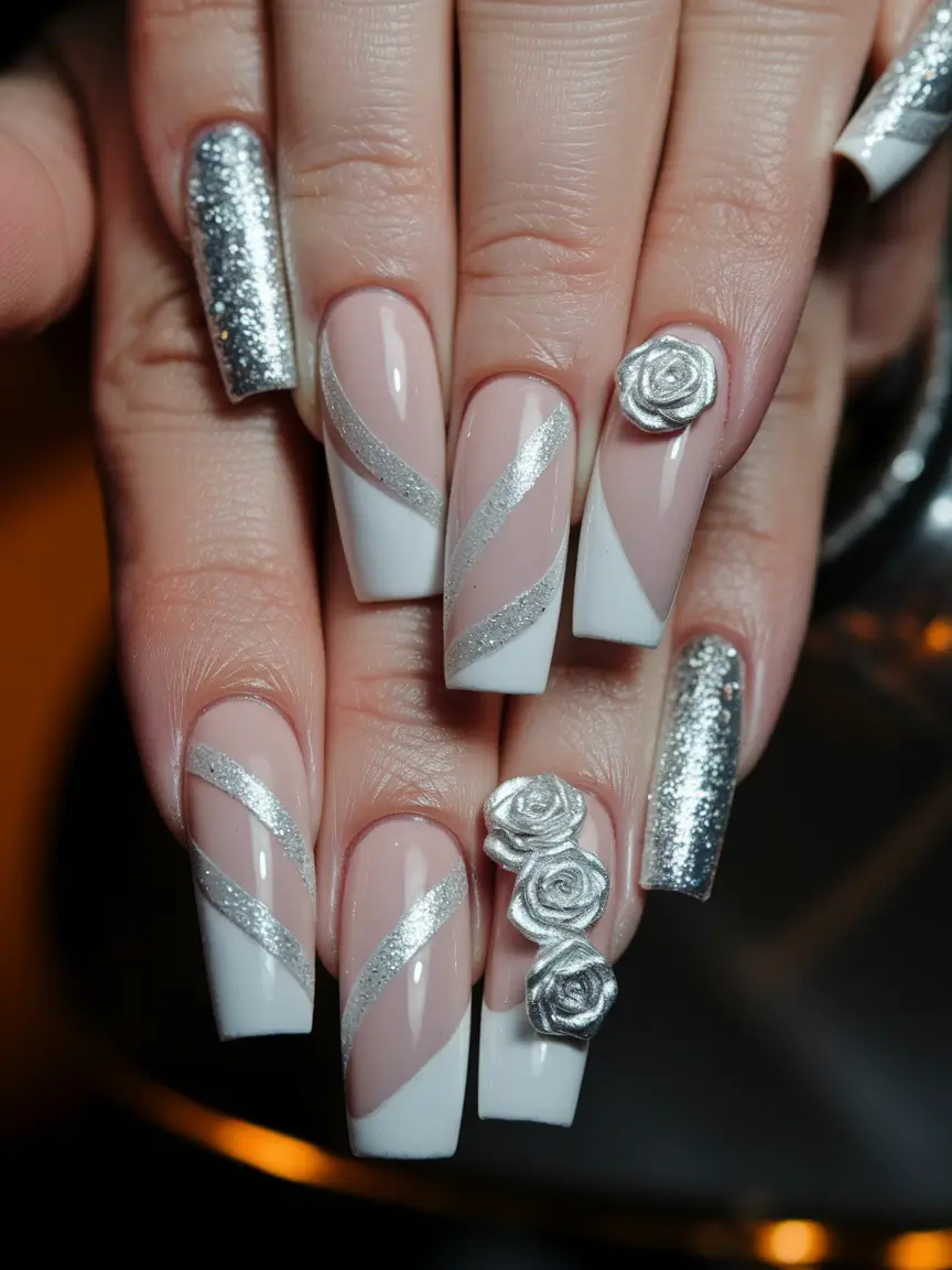 Trendy 3D Fall Nails 2025 Silver Roses and French Twist