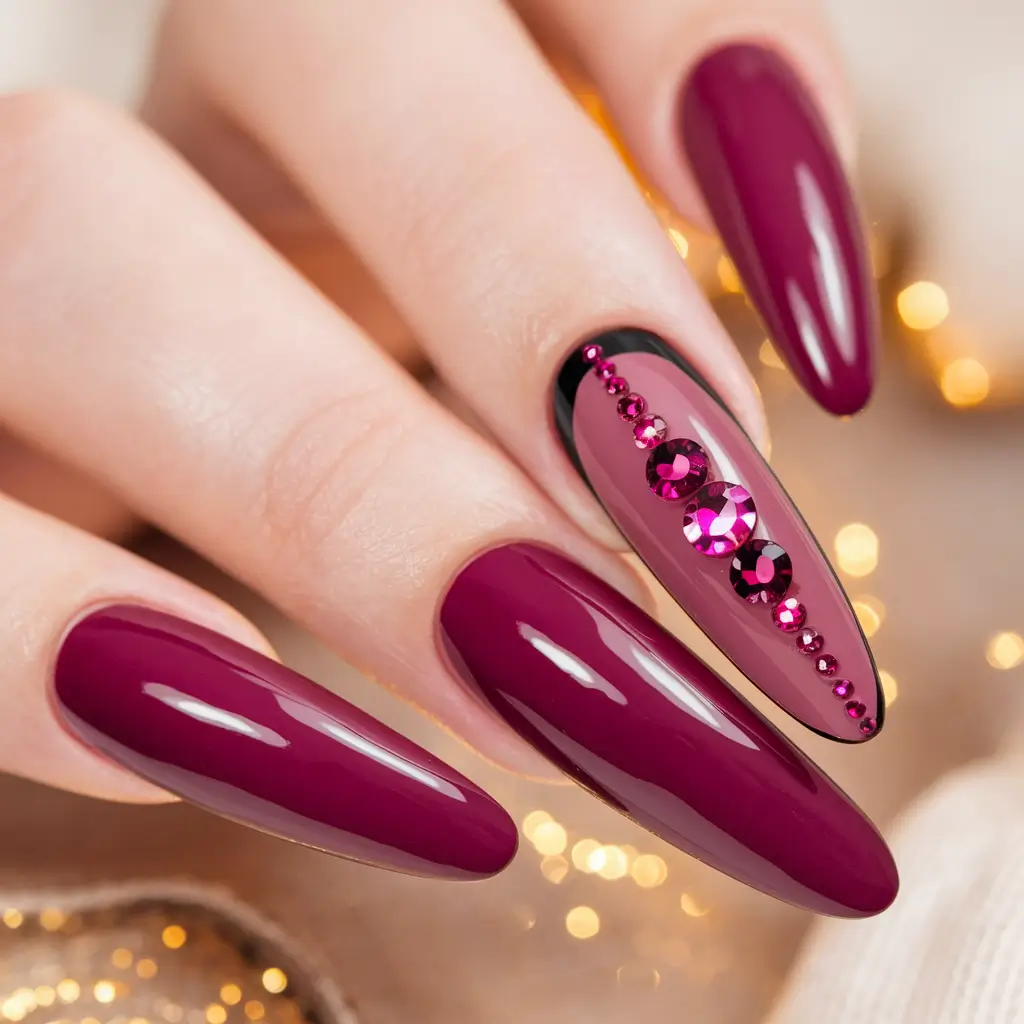 Trendy 3D Fall Nails 2025 Wine Red Elegance with Rhinestones