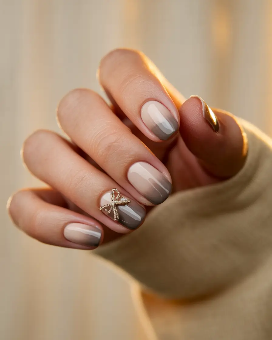 Trendy Fall Nail Colors and Designs 2025 Gradient Neutrals with Bow Accent