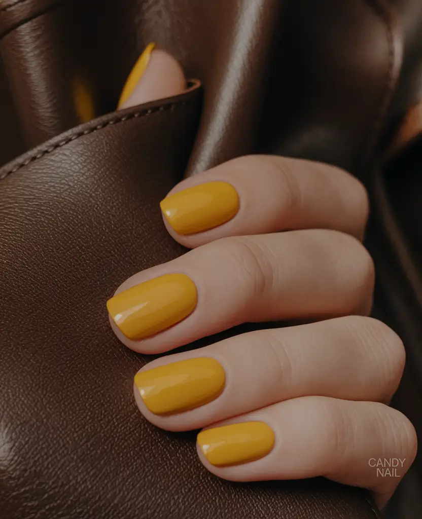 Trendy Fall Nail Colors and Designs 2025 Golden Mustard Pop