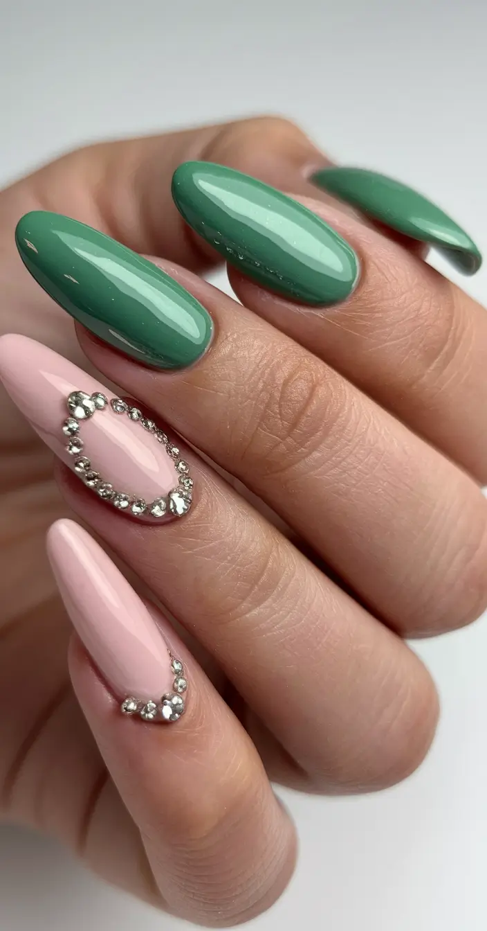 Trendy Fall Nail Colors and Designs 2025 Green and Pink Gem Accent