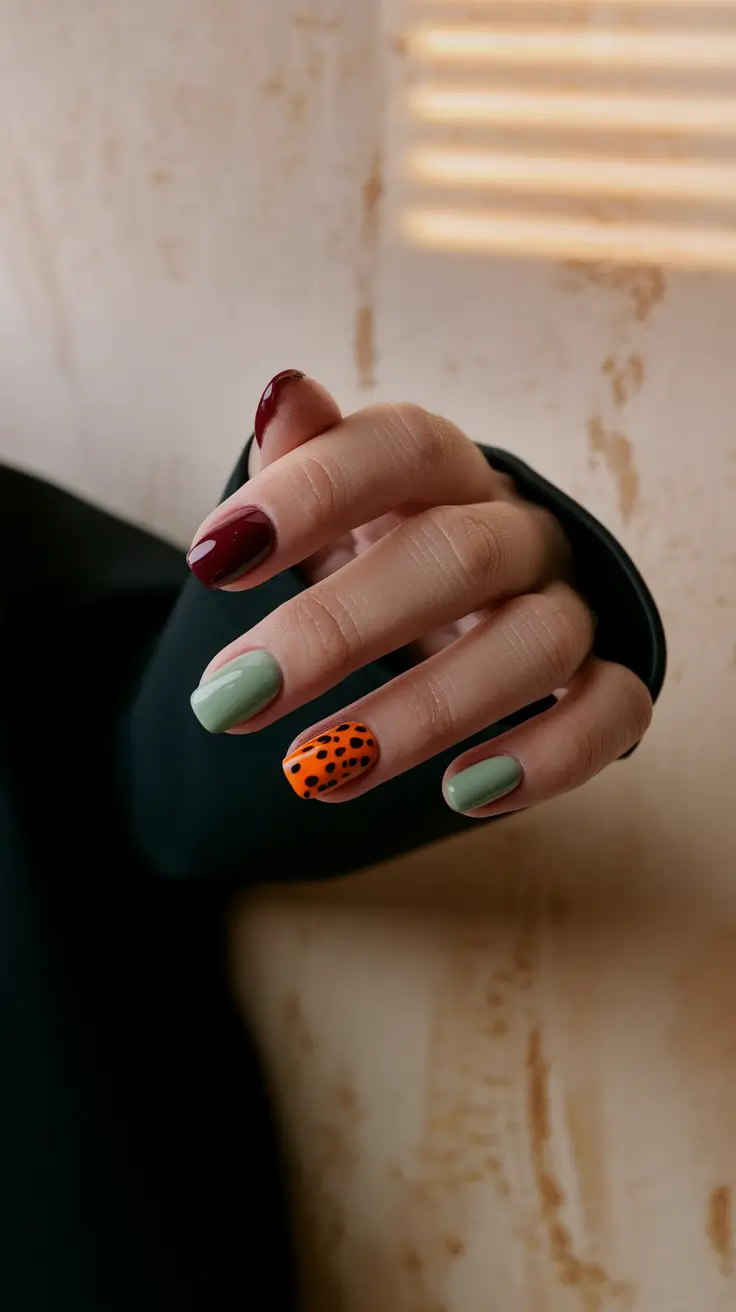 Trendy Fall Nail Colors and Designs 2025 Color Clash with Autumn Orange Accent