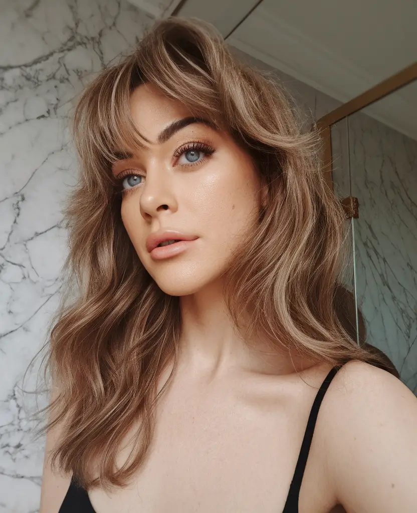 Warm Hair Colors to Try This Fall 2025 Toasted Honey Shag with Feathered Bangs