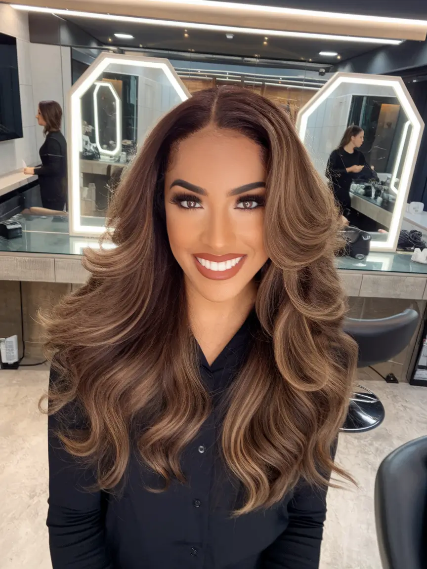Warm Hair Colors to Try This Fall 2025 Dimensional Brunette Waves with Creamy Highlights