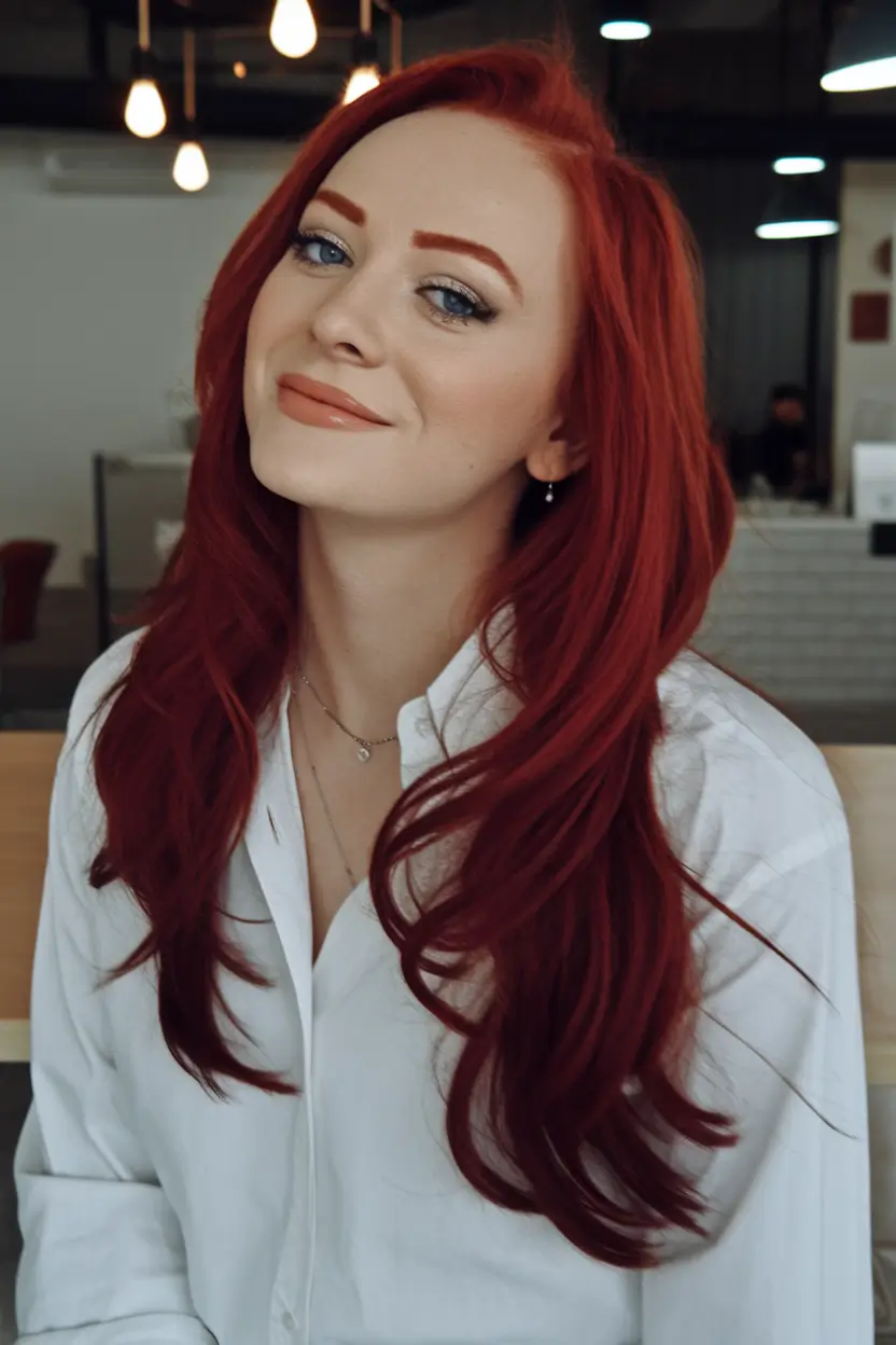Warm Hair Colors to Try This Fall 2025 Fiery Autumn Red with Velvet Finish