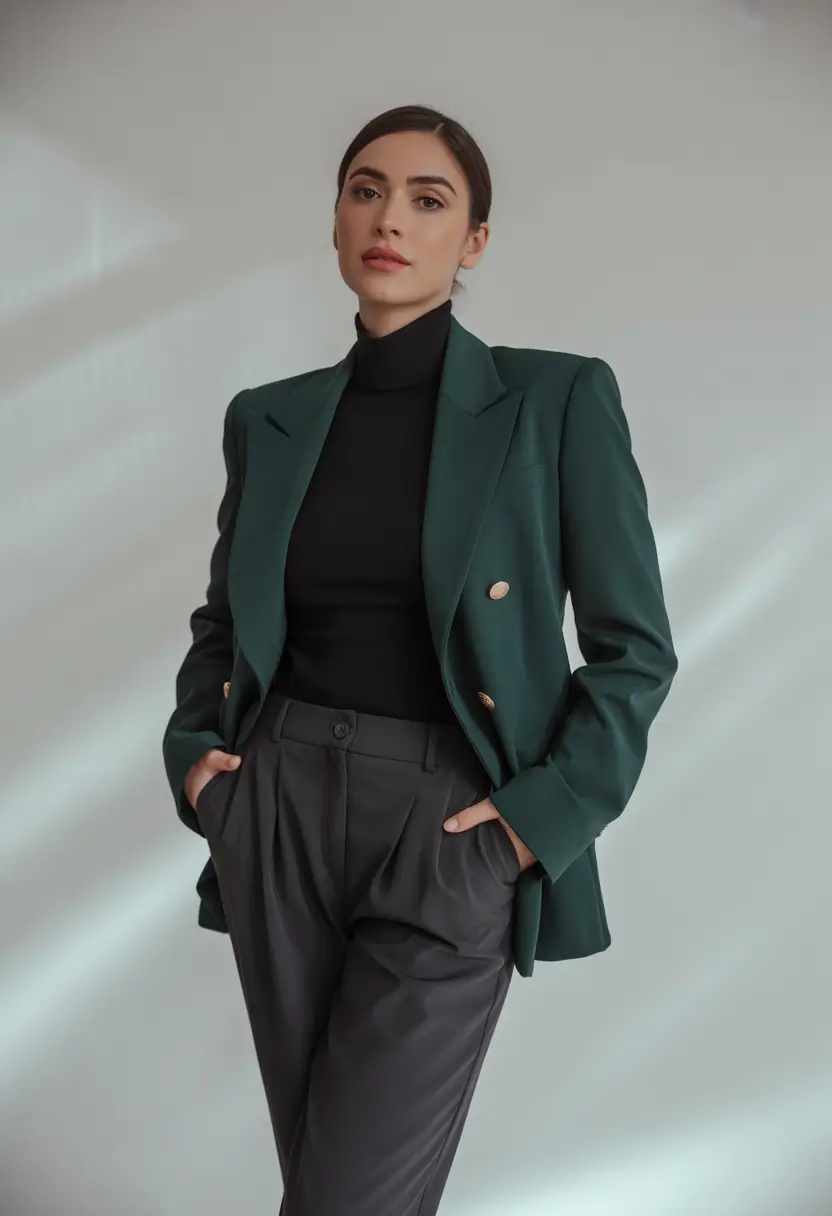 Stylish Winter Office Outfits Inspiration 2025 - 2026 Classic Blazer with Modern Green Twist