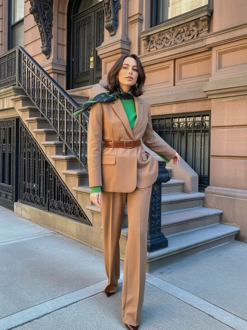 Stylish Winter Office Outfits Inspiration 2025 - 2026 Classic Camel Suit with a Pop of Green
