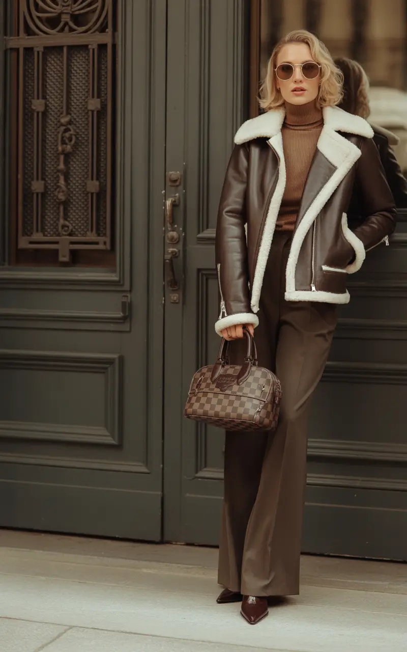 Stylish Winter Office Outfits Inspiration 2025 - 2026 Shearling Jacket and Luxe Browns