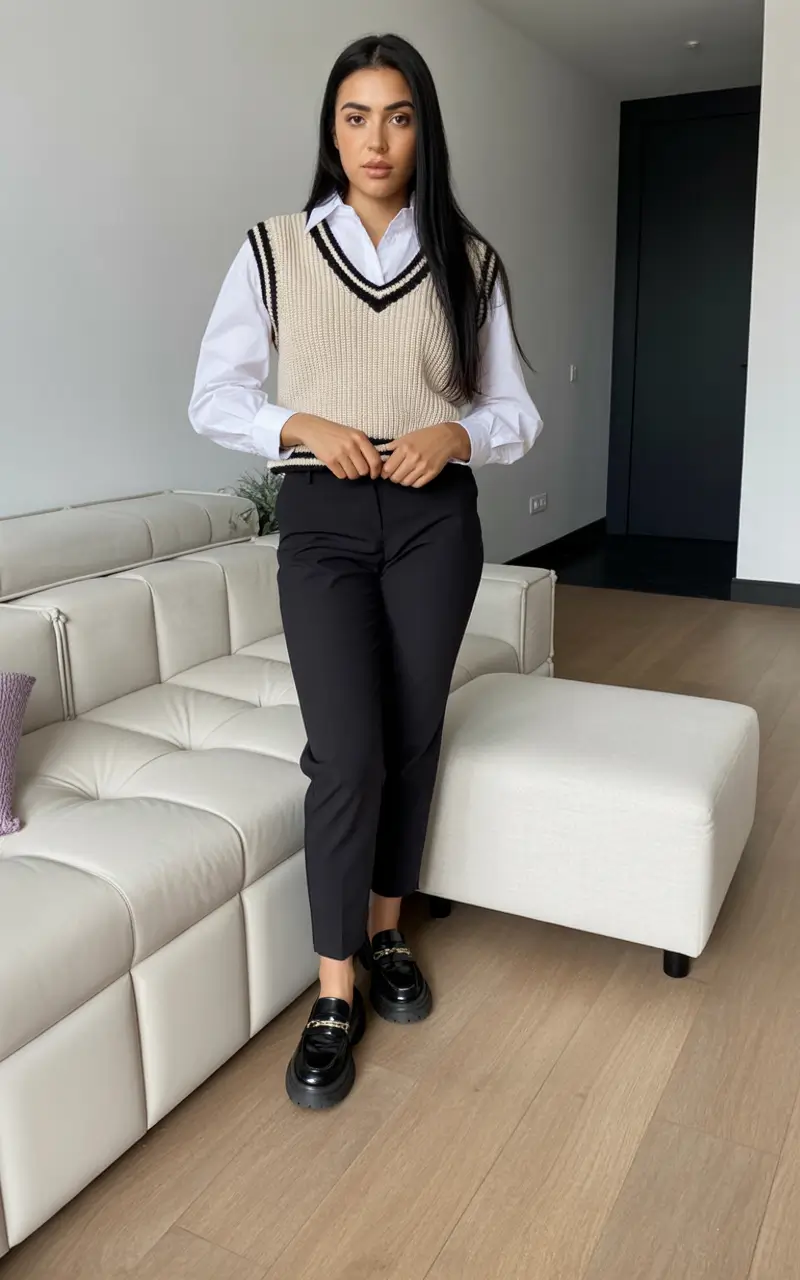 Stylish Winter Office Outfits Inspiration 2025 - 2026 Preppy Vest with Smart Trousers