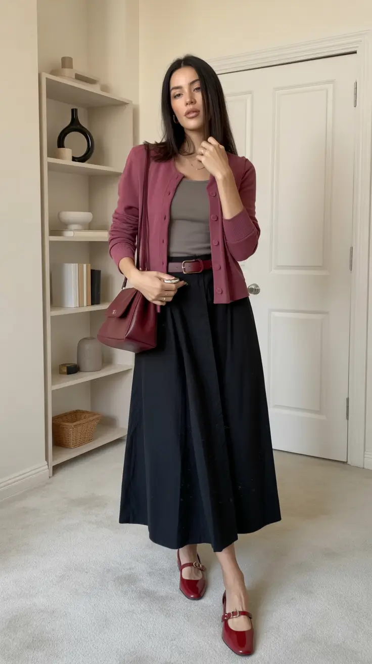 Stylish Winter Office Outfits Inspiration 2025 - 2026 Chic Cardigan Layering with Midi Skirt
