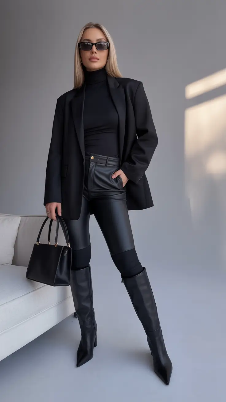 Stylish Winter Office Outfits Inspiration 2025 - 2026 Bold Leather and Sleek Black Layers