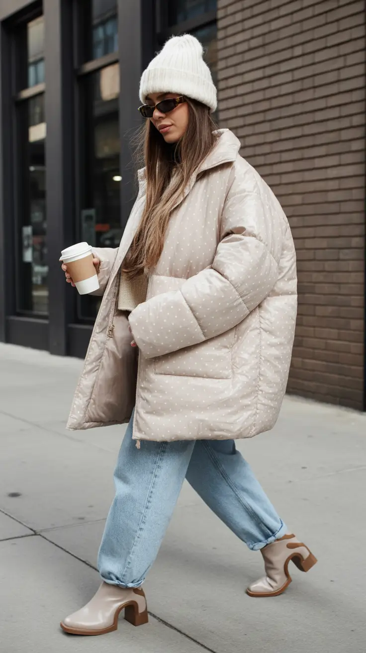Best Winter 2025-2026 Looks to Try This Season Neutral Polka-Dot Puffer Charm