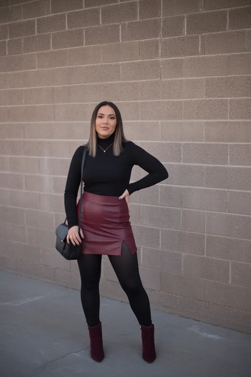 Birthday Outfit Inspiration Winter 2025 - 2026 Wine-Toned Mini Skirt and Black Accents