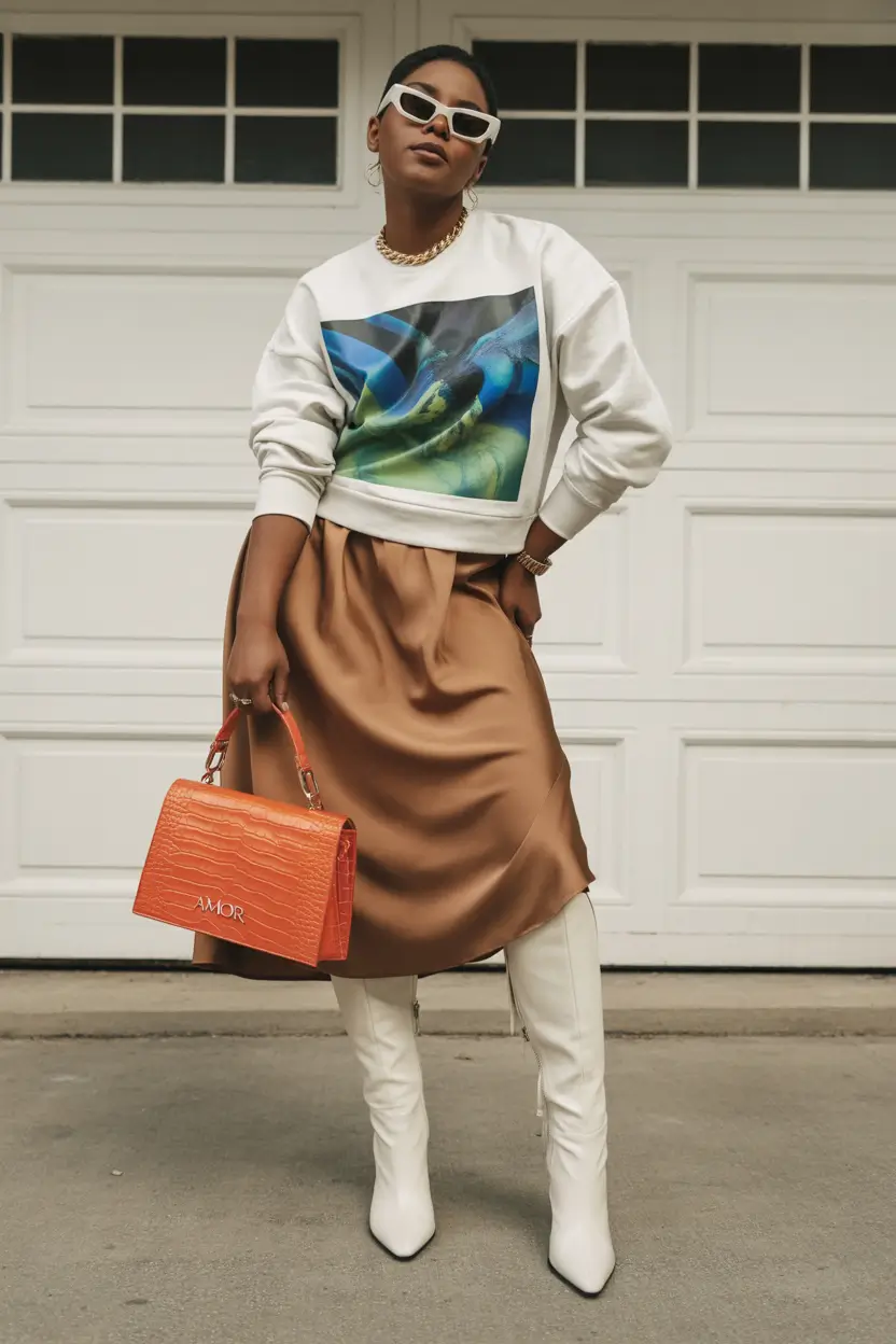 Birthday Outfit Inspiration Winter 2025 - 2026 Graphic Sweatshirt Meets Satin Skirt