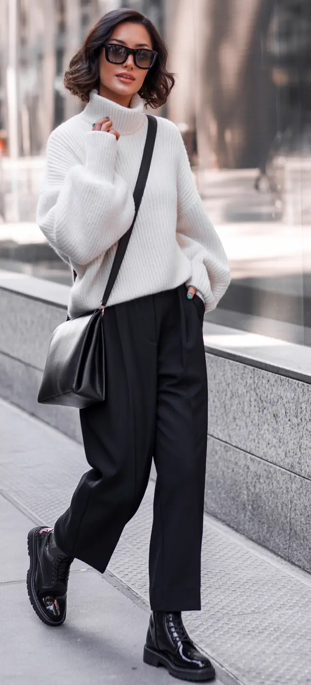 Comfy Winter Outfit Inspiration 2025 - 2026 White Knit and Black Basics