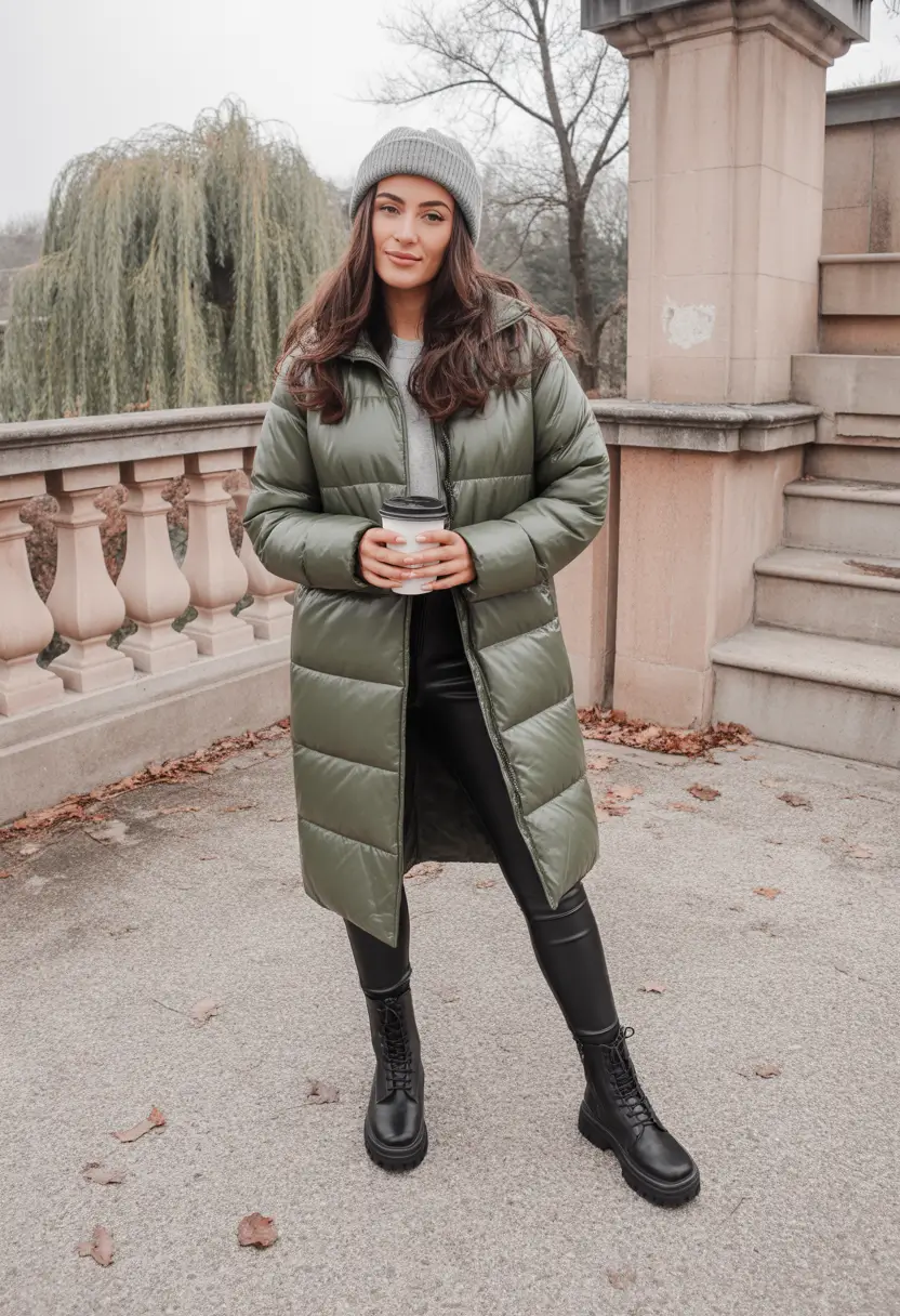 Comfy Winter Outfit Inspiration 2025 - 2026 Olive Puffer and Combat Boots