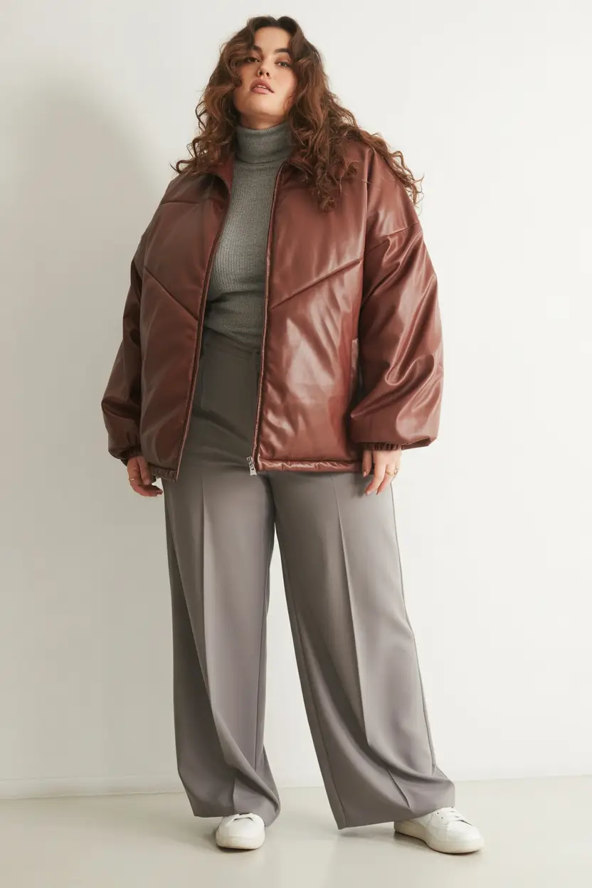 Comfy Winter Outfit Inspiration 2025 - 2026 Rich Brown Puffer With Tailored Trousers