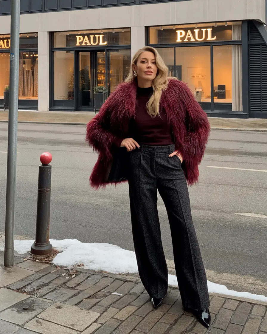 Comfy Winter Outfit Inspiration 2025 - 2026 Burgundy Glam With a Fluffy Twist