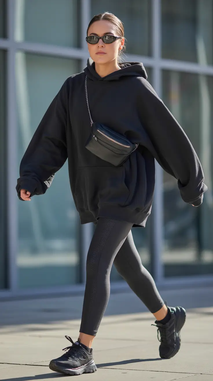 Comfy Winter Outfit Inspiration 2025 - 2026 Black Hoodie and Leggings Baddie