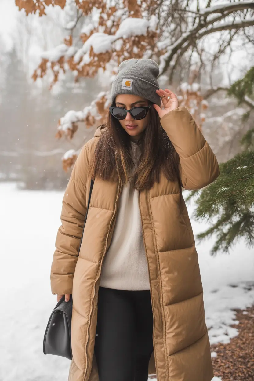 Comfy Winter Outfit Inspiration 2025 - 2026 Snow-Ready Camel Puffer