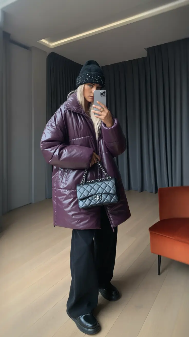 Cozy Casual Winter Outfit Ideas 2025 - 2026 Purple Puffer with Luxe Edge