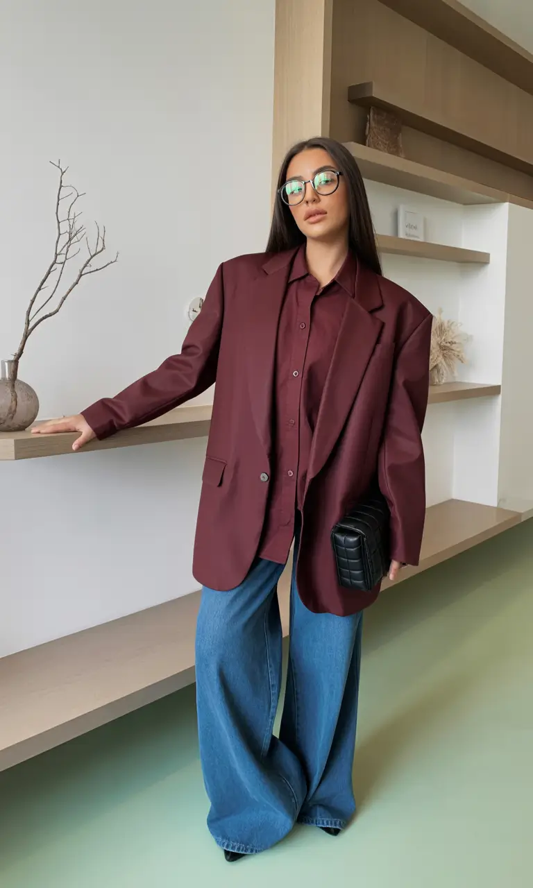 Cozy Casual Winter Outfit Ideas 2025 - 2026 Burgundy Blazer with Relaxed Denim