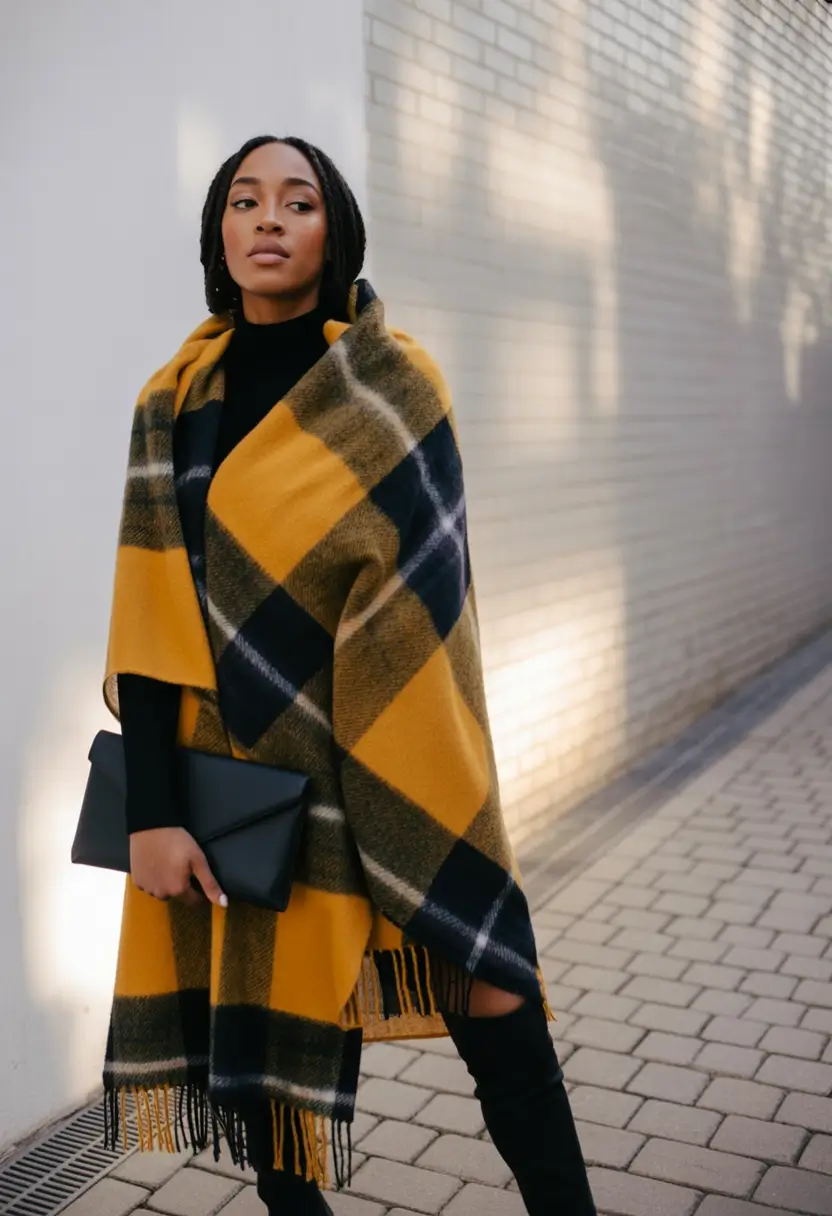 Cozy Casual Winter Outfit Ideas 2025 - 2026 Bold Plaid Wrap with Black Accents