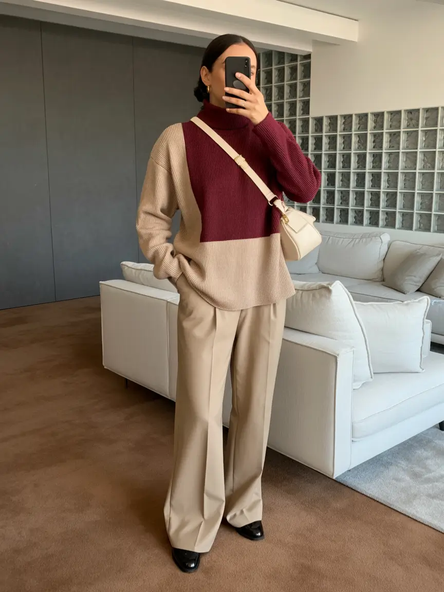 Cozy Casual Winter Outfit Ideas 2025 - 2026 Two-Tone Knit with Tailored Trousers
