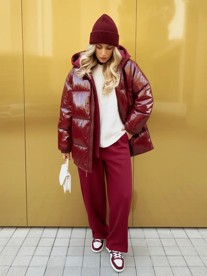 Cozy Casual Winter Outfit Ideas 2025 - 2026 Burgundy Monochrome with a Sporty Twist