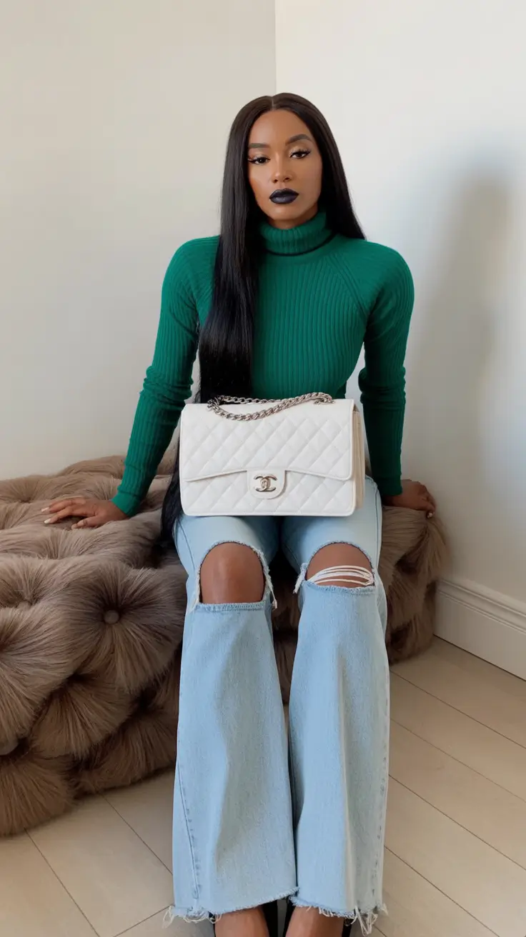 Cozy Casual Winter Outfit Ideas 2025 - 2026 Emerald Knit with Vintage Denim