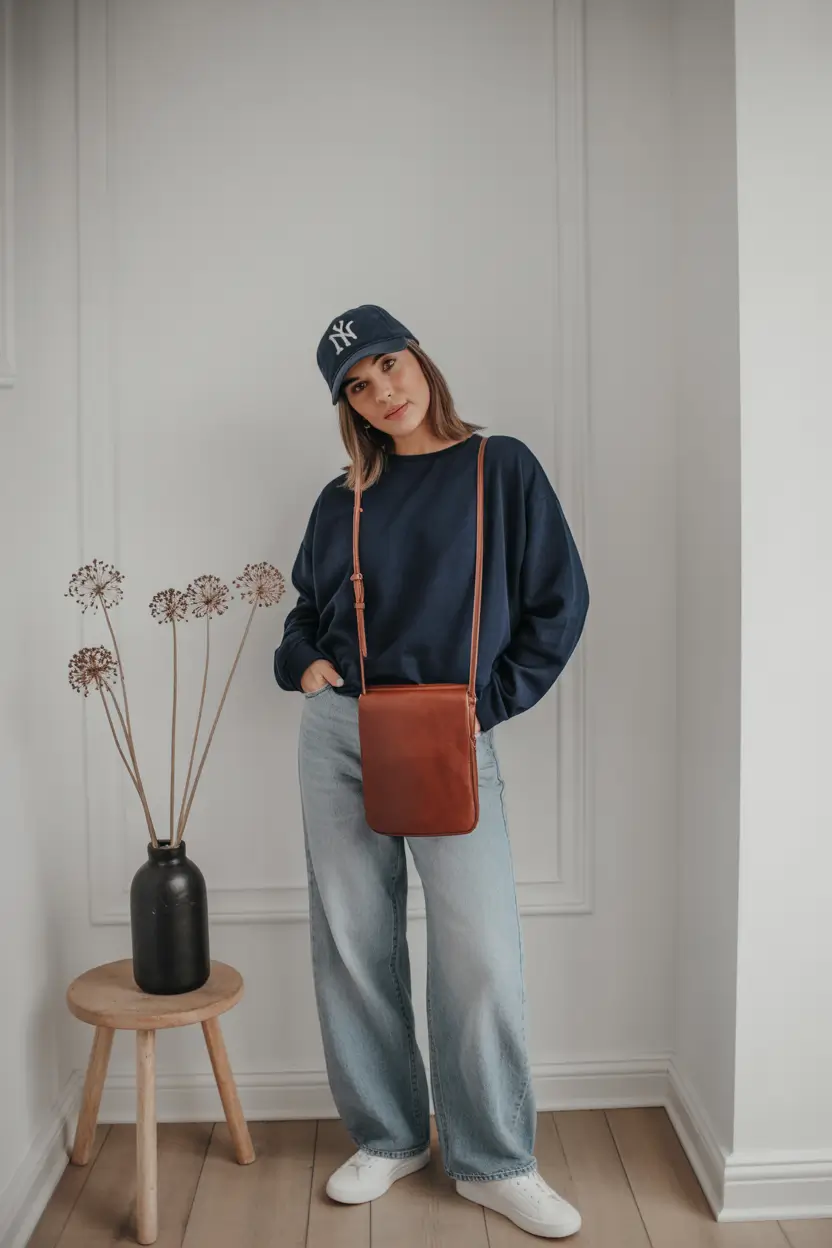 Cozy Casual Winter Outfit Ideas 2025 - 2026 Relaxed Denim and Sporty Cap