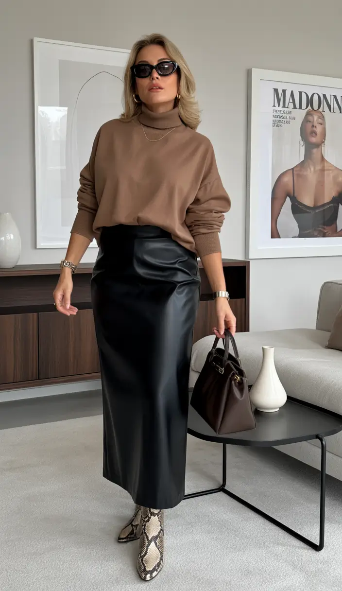 Curvy Outfit Ideas for Winter 2025–2026 Leather Skirt with Taupe Sweater